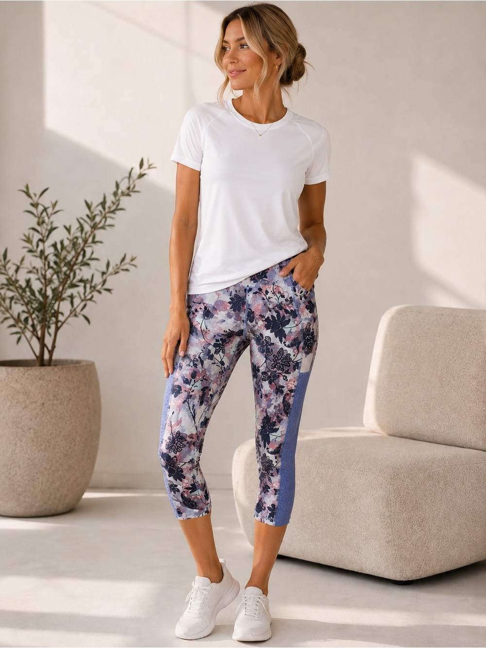 Floral Capri Active Leggings in White and Lavender-Blue